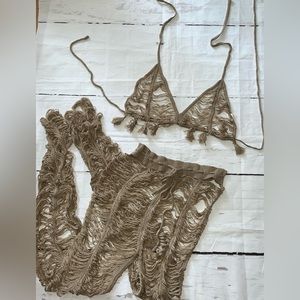 Tassel beige pants and bikini top set